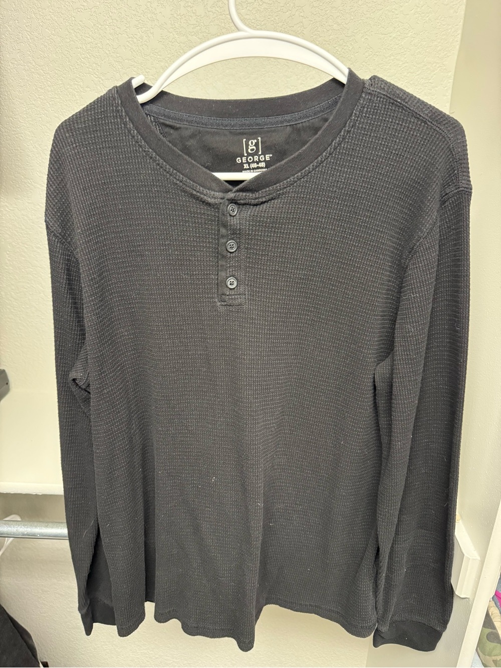 George Men's Black Waffle Henley Long Sleeve Shirt